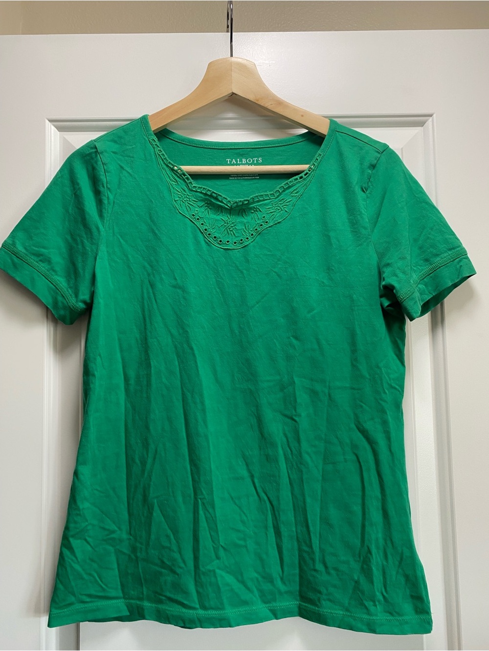 Talbots Green Cotton Tee Crochet Lace Neckline Petite S Blouse